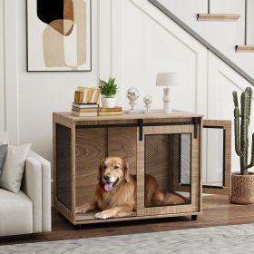 39" Dog Crate Furniture, Dog Kennel Furniture End Table with Sliding Barn Door for Large Dogs, Walnut Brown