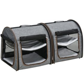 Portable Soft-sided Pet Cat Carrier With Divider, Two Compartments, Padded And Storage Bag, Grey (Color: Grey)